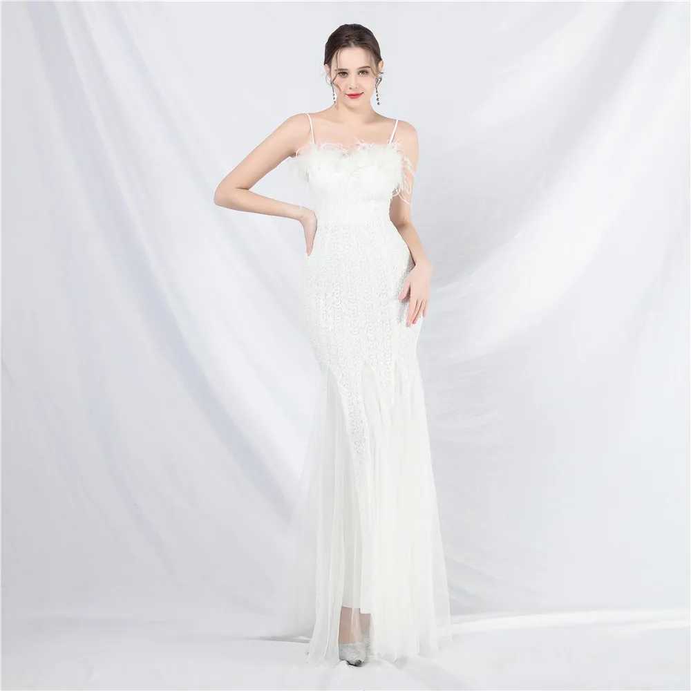 Long White 2024 Mermaid Dress Evening Sweetheart Spaghetti Straps Backless Feathers Sequin Elastic Women Party Prom Gowns