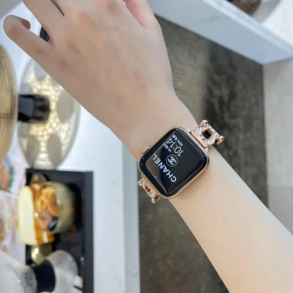 U نوع المنسوجة نمط سبائك الزنك + جلد طبيعي ساعة ل Iwatch الترا 8 7 49 مللي متر 45 مللي متر لامعة حجر الراين حزام ل أبل 41 مللي متر