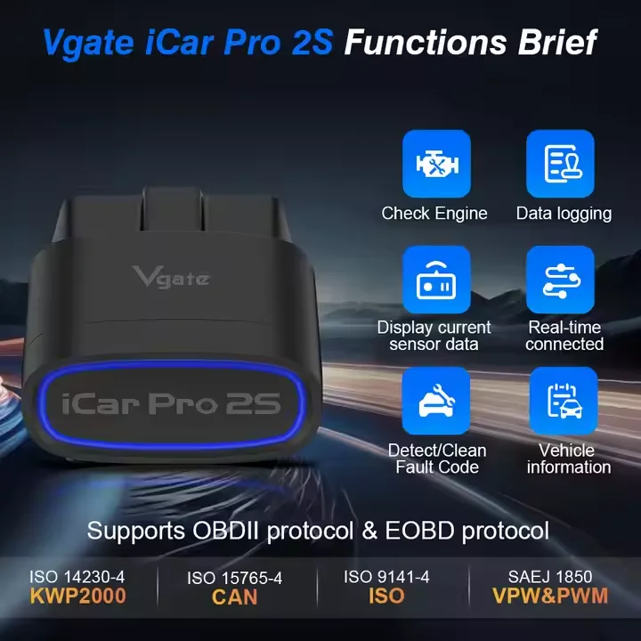 Vgate ICar Pro 2S Bluetooth 5.3 OBD2 Car Diagnostic Tool Scaner code reader  for IOS / Android and Windows for 12V unversal cars