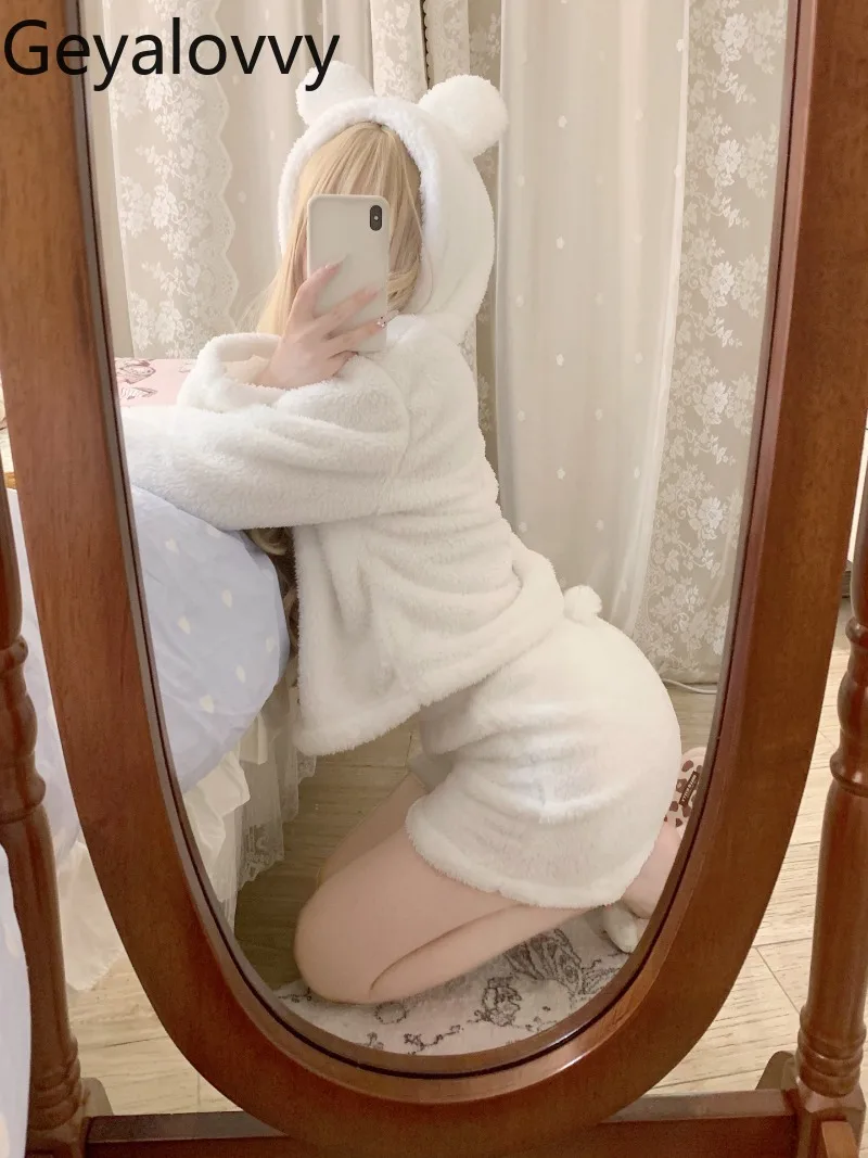 

Милые утепленные пижамы с капюшоном на флисовой подкладке, милый женский осенне-зимний однотонный топ + шорты с эластичной резинкой на талии, комплект домашней одежды