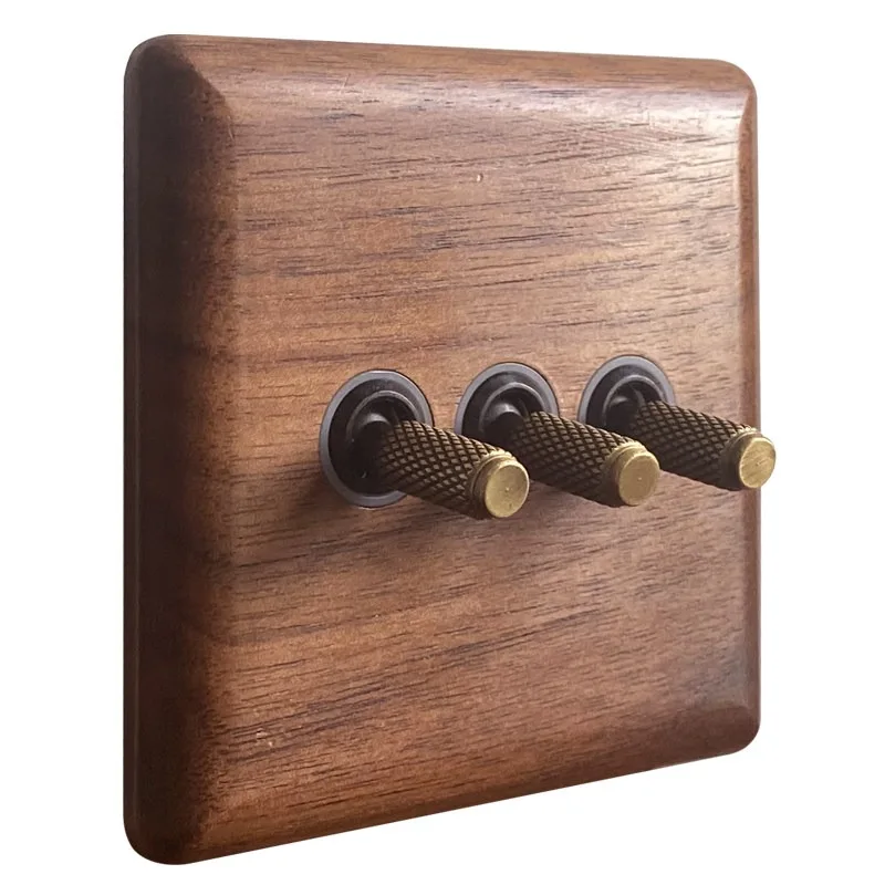 Black walnut, solid wood wall, retro switch panel, brass dial rod, switch socket