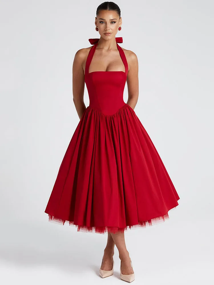 

2025 Halter Backless A-line Club Midi Dress Women Fashion Elegant Square Collar Sleeveless High Waist Party Pleated Dress
