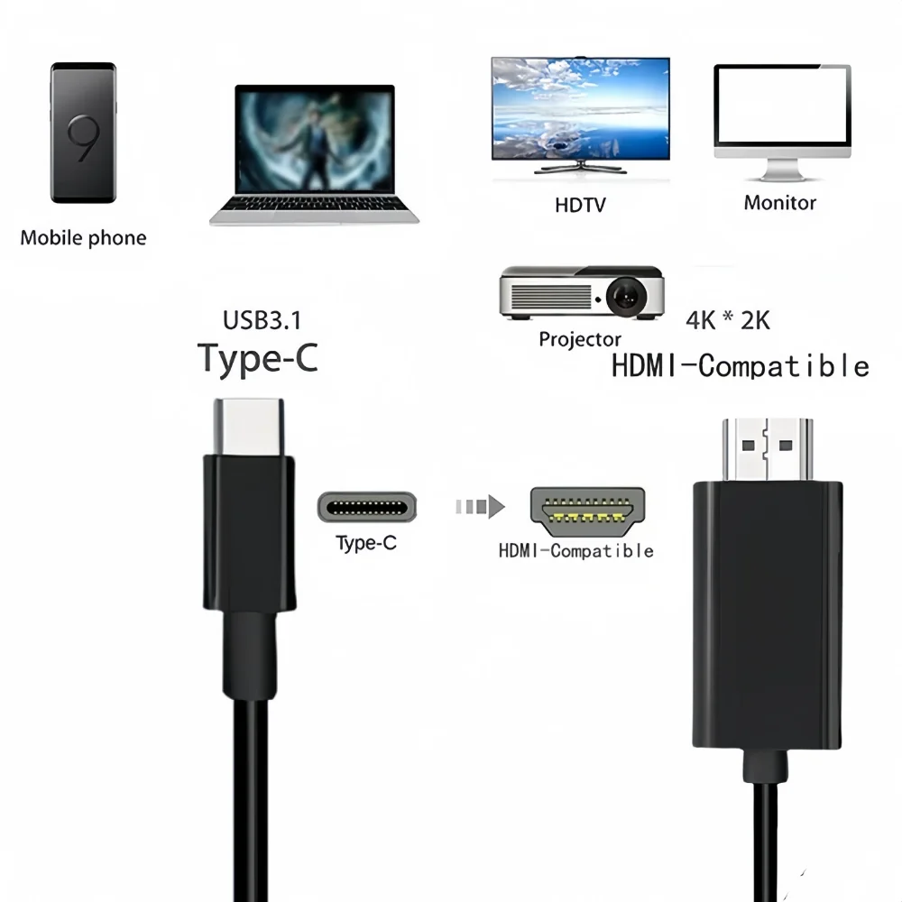 كابل محول USB C إلى HDMI من النوع C إلى HD 4k 60 هرتز USB C كابل تمديد شاشة الكمبيوتر المحمول العارض محول عالي الوضوح