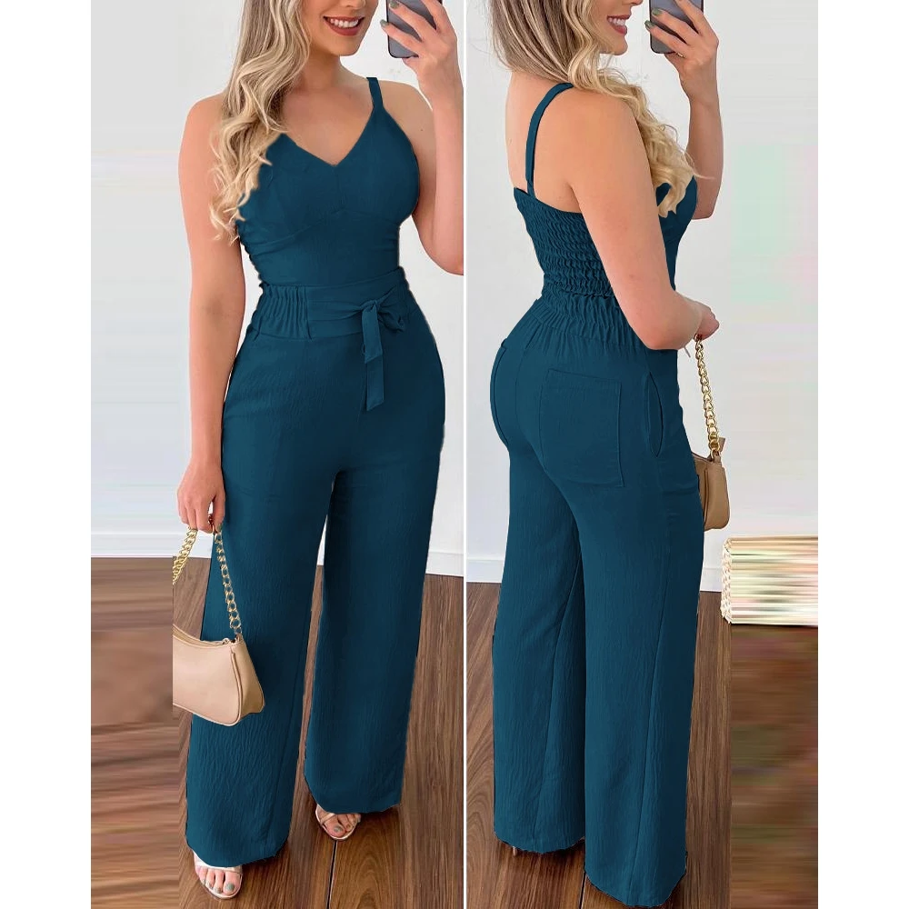 2024 Casual Women Shirred V-Neck Spaghetti Strap Cami Top & High Waist Tied Detail Wide Leg Pants Sets 2 Pieces Woman Summer