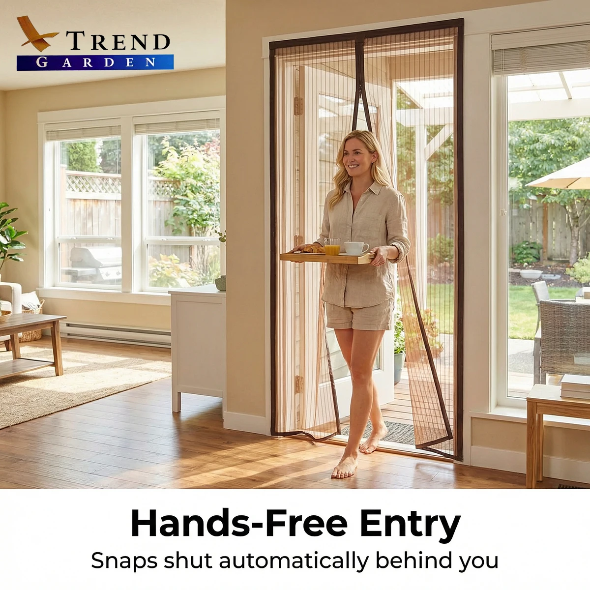 

Coffee Striped Breathable Mesh Door Curtain, Magnetic Auto‑Closing, Pet‑Friendly Mosquito Screen