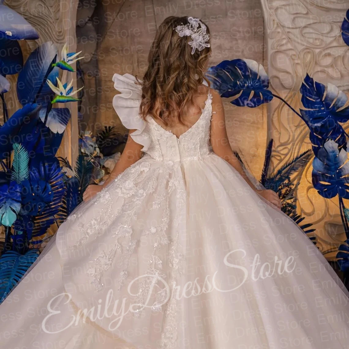 

Платье принцессы с цветочным узором для девочек по индивидуальному заказу на свадьбу, пышное элегантное кружевное тюлевое детское праздничное платье на день рождения для первого причастия