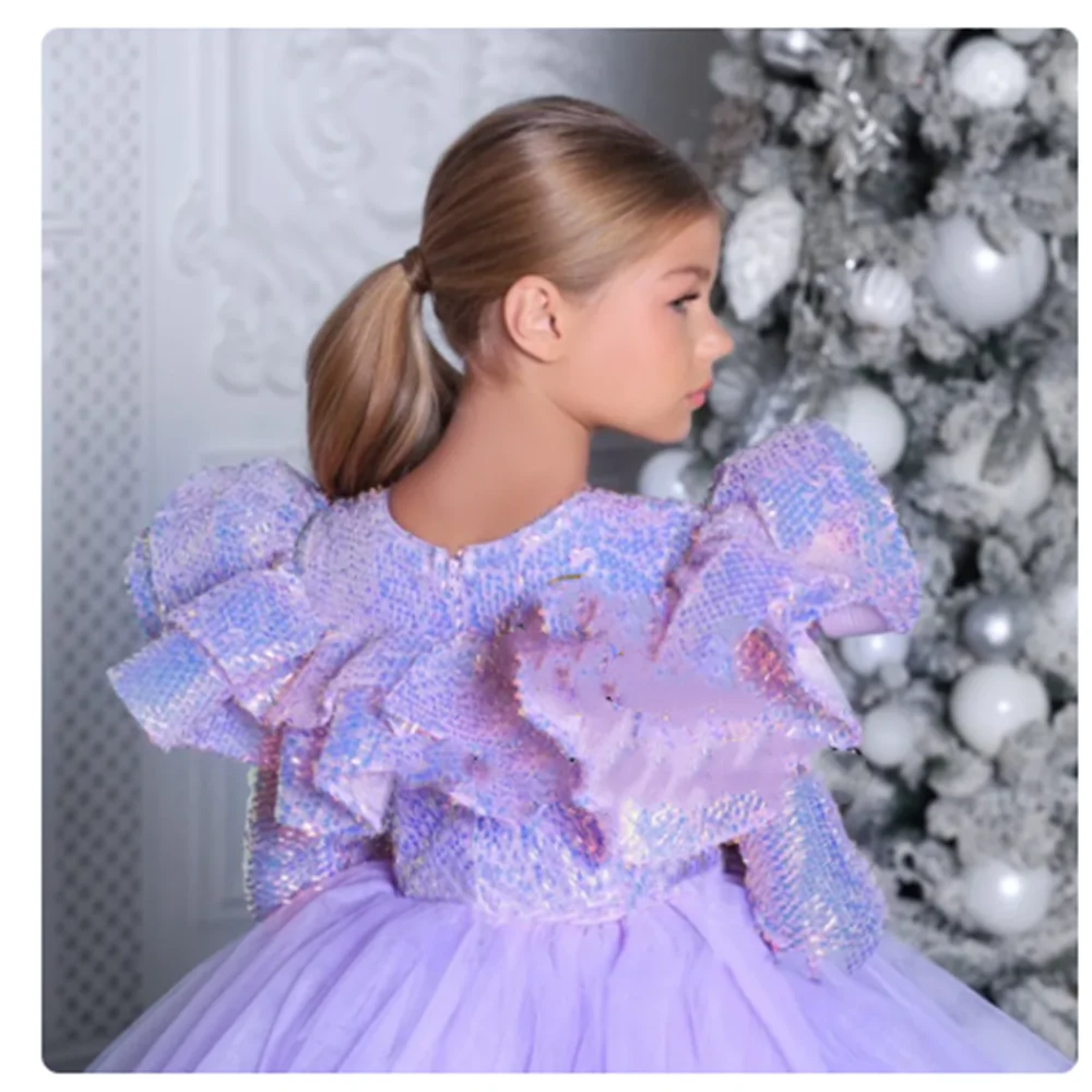 Vestido de niña de flores púrpuras para boda, lentejuelas brillantes, manga larga, tul hinchado, fiesta de cumpleaños para niños, vestidos de baile de primera comunión