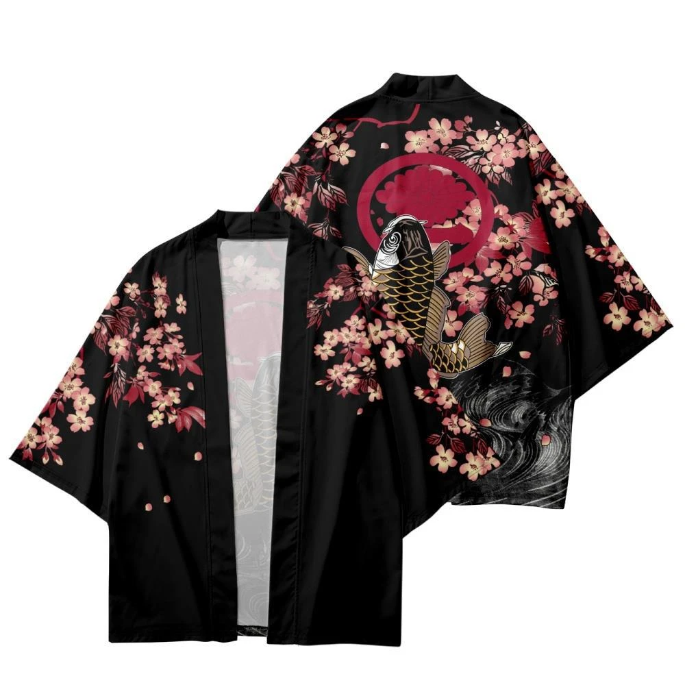 Peixe sakura impressão tradicional haori feminino estilo japonês samurai roupas masculino feminino rua cosplay cardigan quimono