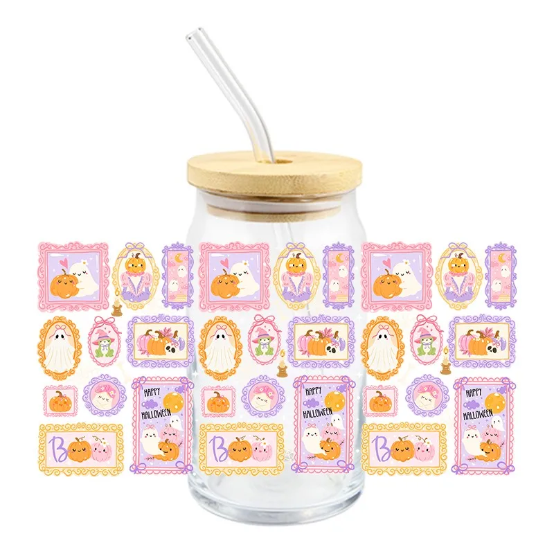 3D Halloween UV DTF Cup Wrap For 16oz Libbey Beer Glass Ghost Spooky Cute Girly Cup Wrap Design UV DTF Sticker DIY