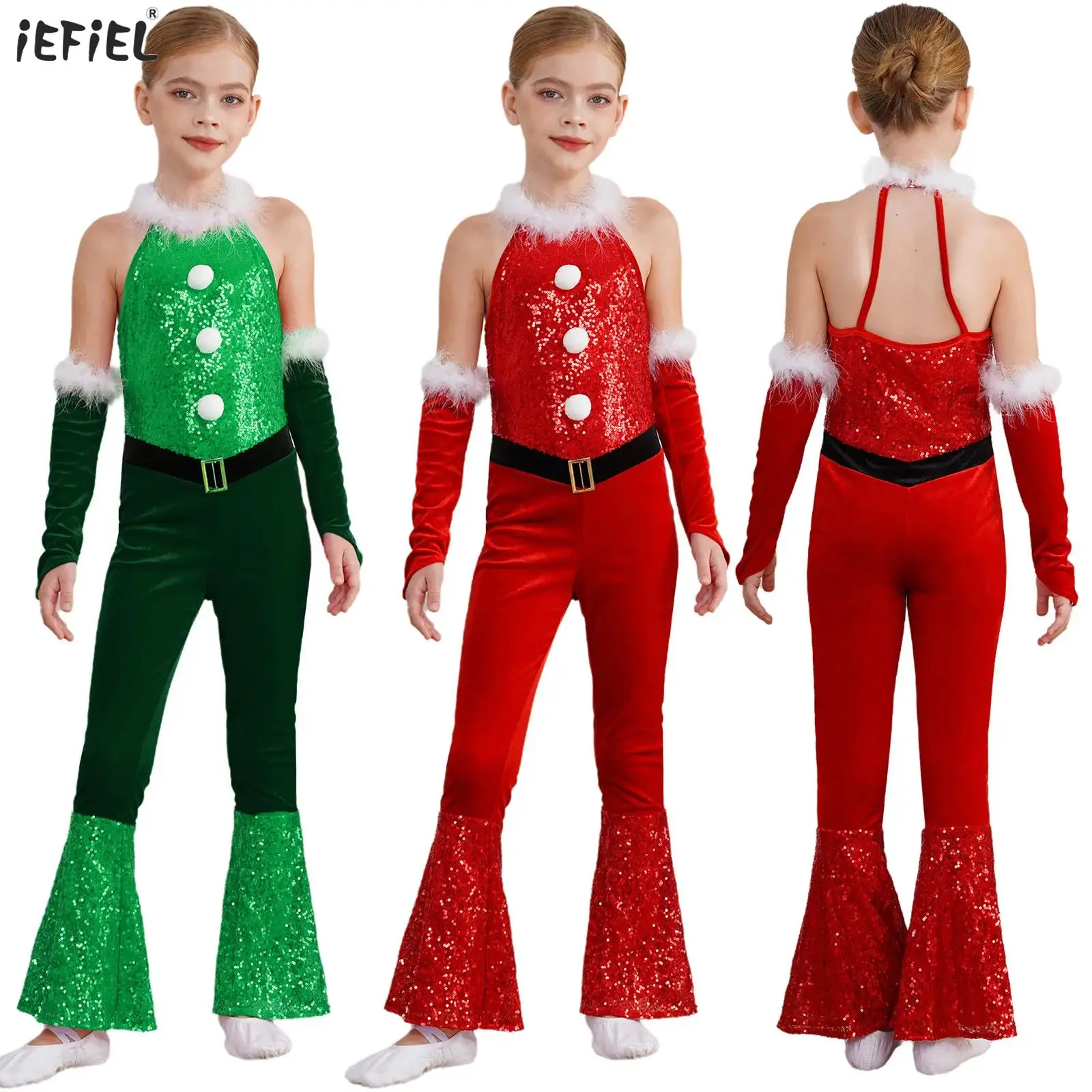 

Girls Candy Cane Unitard Christmas Sequin Flared Jumpsuit One Piece Sleeveless Velvet Bodysuit Xmas Party Santa Claus Costumes