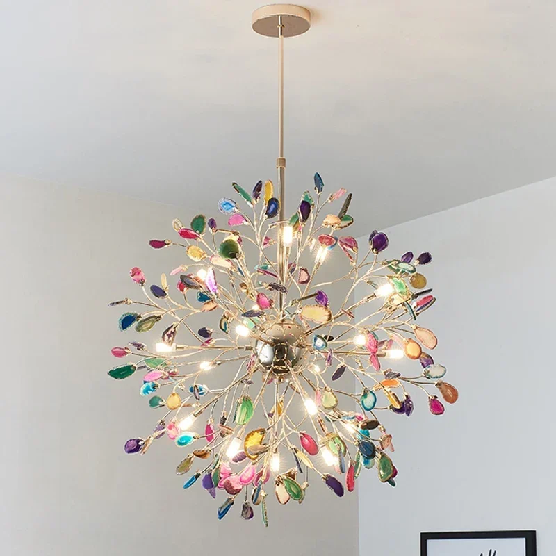 Natural Colorful Agate LED Chandelier Living Room Dining Room Bedroom Firefly Lighting Home Romantic Decoration G4 LightingW23