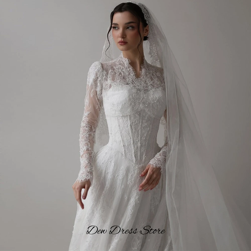 Charming Appliques Lace Customized Vestido De Novia Fashion V-neck Long Sleeves Wedding Dress Elegant A-Line Vestido De Novia