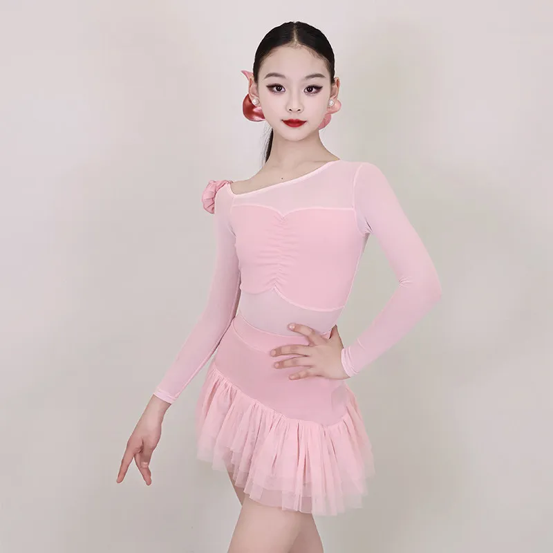 

Детское платье для латинских танцев, топ с открытыми плечами, юбка, костюм для ча-ча-ча, самбы, тренировочная одежда, сценические костюмы, DQL12543