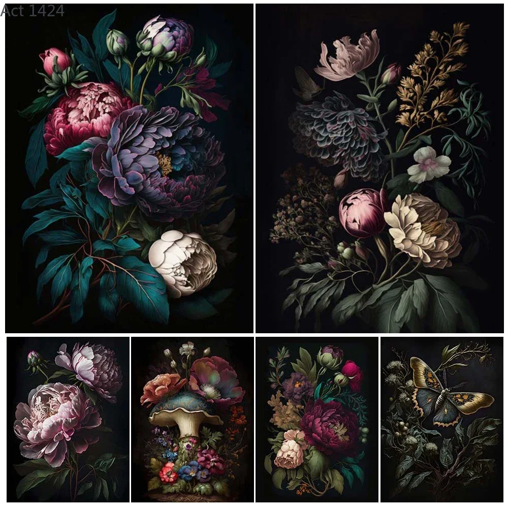 Moody Floral Botanical Moth Gothic Wall Art Canvas Painting Magic Plant Dark Academia Art Poster And Print Home Decor Unframe