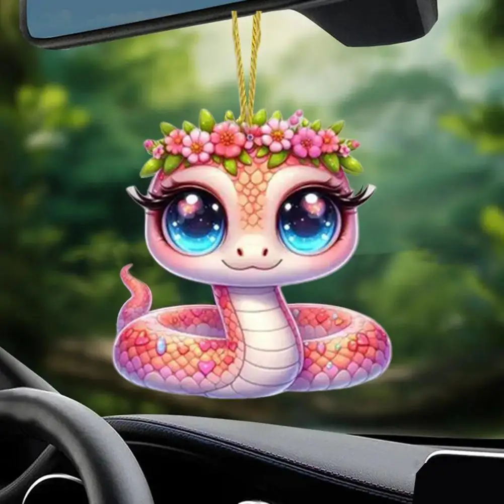 Pink Flower Snake Pendant Acrylic Christmas Tree Hanging Car Decoration Snake Lover Xmas Gift For Car Rearview Mirrors Windows