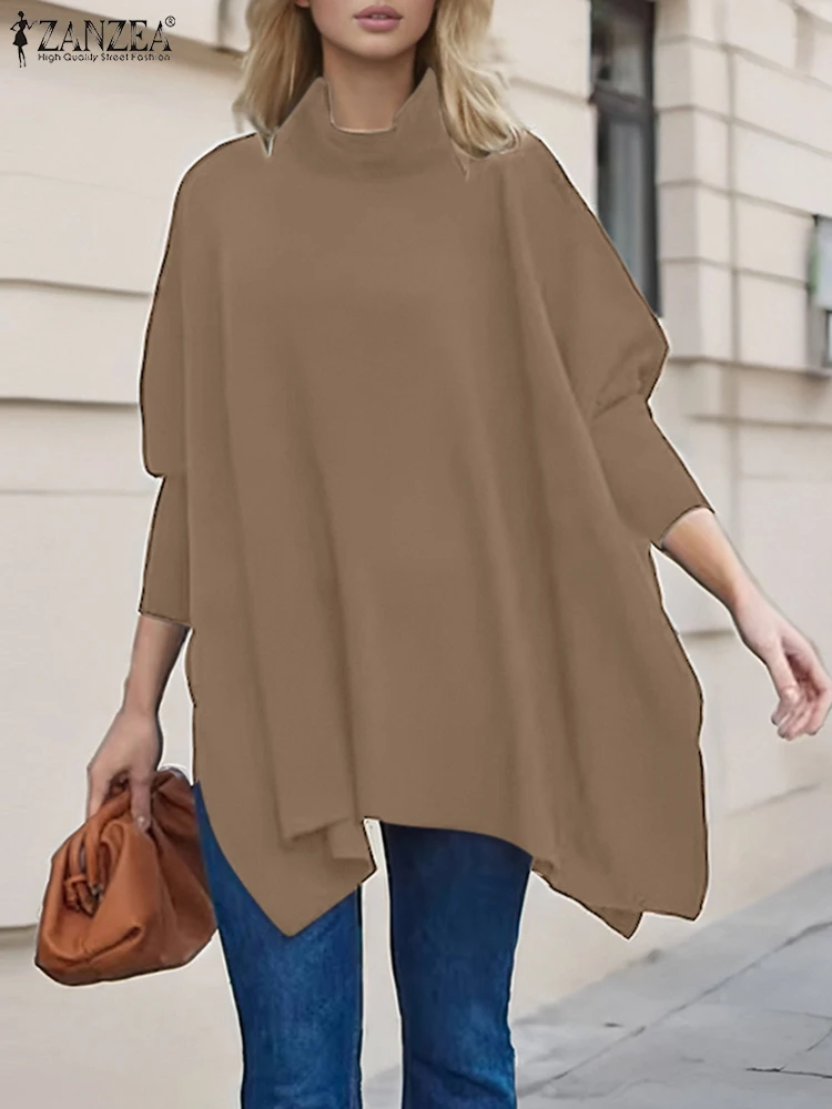 ZANZEA Moda donna Asimmetrico Collo alto Tees 2025 Vintage Manica lunga Solid T-shirt Vacanza Autunno Top lavorato a maglia Blusas