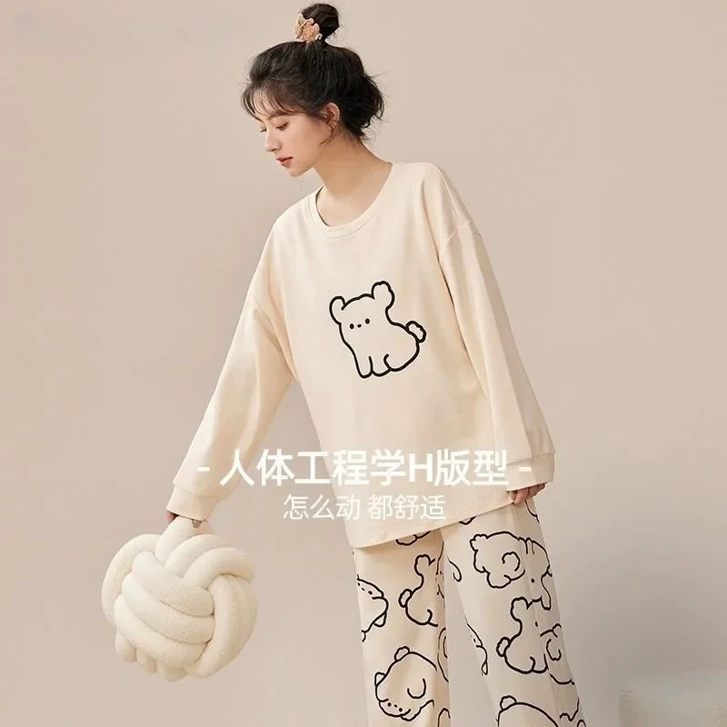 Spring and Autumn new women's pajamas set cute puppy print with cushion cotton long-sleeved long pants sleepwear casual homewear