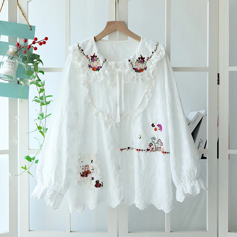 Autumn New Sweet Mori Style Embroidered Shirt Women Long Sleeve Single Breasted Casual Shirt 824-819