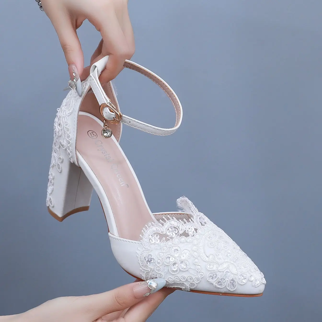 Women Flower Sandals Pointed Toe Pumps Dress Party Square High Heels White Lace Sequin Weding Shoes