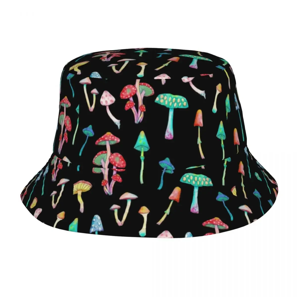 Foldable Glowing Shrooms Black Bucket Hats For Women Men Print Mushroom Summer Travel Beach Mushroom Fisherman Cap