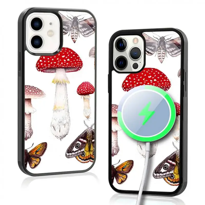 Moths And Mushrooms Phone Case For IPhone 11 12 13 14 15 Plus Pro Max Mirror Acrylic Cover For Magsafe Wireless Charging