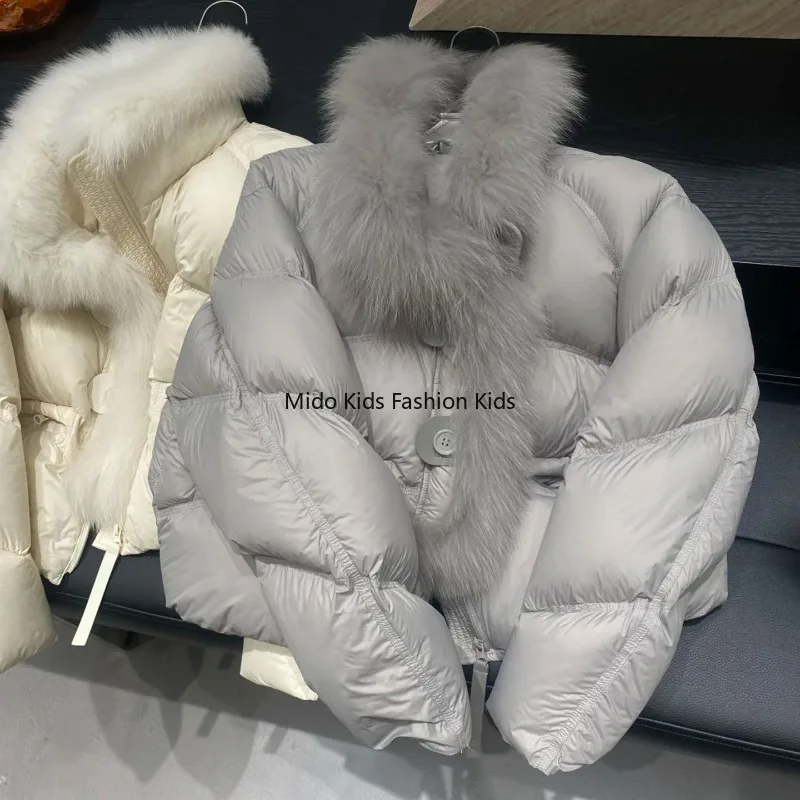 6-12Y Kids Winter Coat Thickened Down Jacket with Fur Collar Fashionable Gray Outerwear for Girls 100-170CM