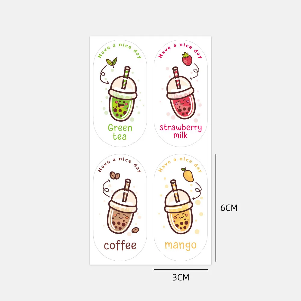 100pcs/set Cute Fruit Milk Tea Stickers Oval Shape Adhesive Coffee Decal Stickers for Water Bottle, Cup, Gift Box Teen Boy Girls