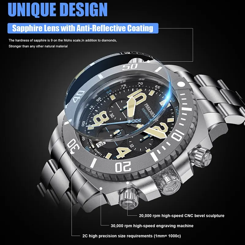 Reloj deportivo de cuarzo para buceo para Hombre, de acero inoxidable 316L, con esfera grande de zafiro, resistente al agua hasta 500M, novedad de 2024