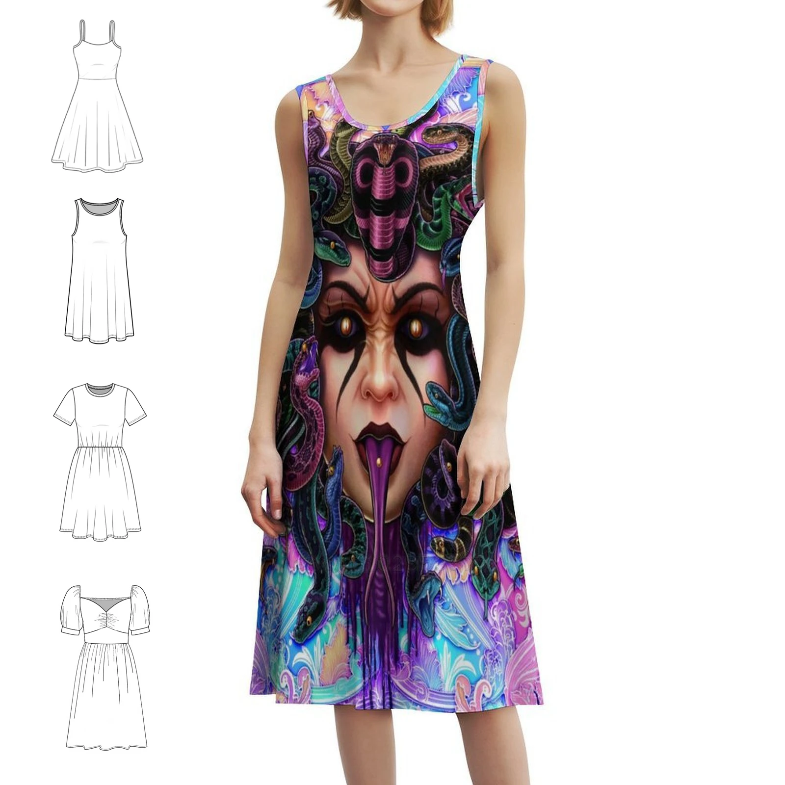 

Пастельное черное платье в корейском стиле для женщин. Элегантное повседневное платье для вечеринки или повседневного ношения. Горгон. Демонстра. Мифология. Змеи.