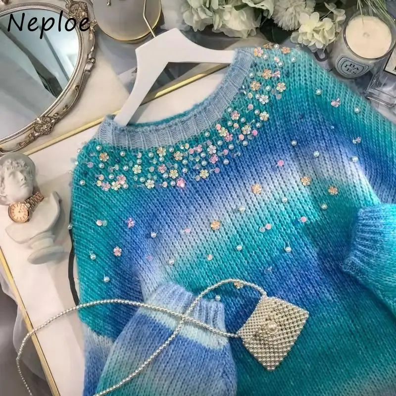 Neploe O Neck Beading Shiny Sweater Y2k Long Sleeve Stripe Gradient Pull Femme Autumn Winter Vintage Knitted Pullover Jumpers