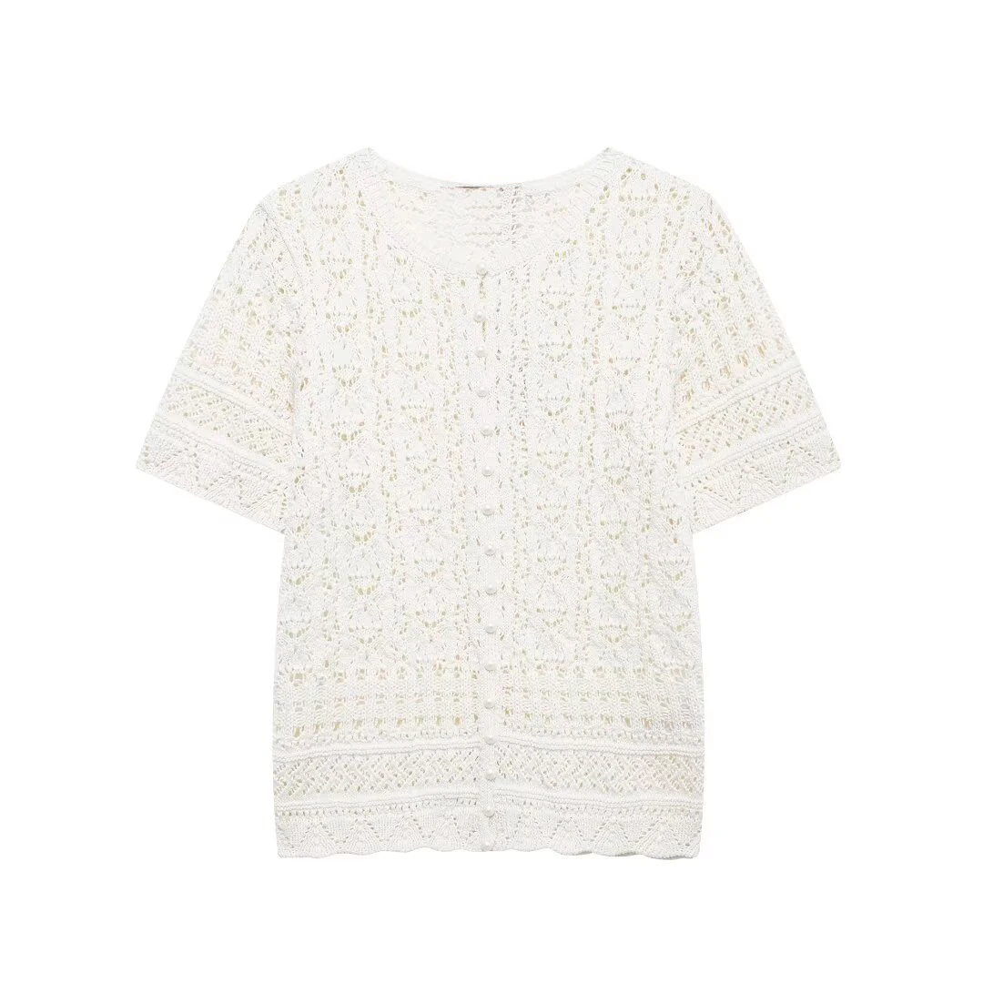 Tangada 2024 Summer Women Crochet Knitted Sweater Short Sleeve Female Crop Pullovers 3H0748