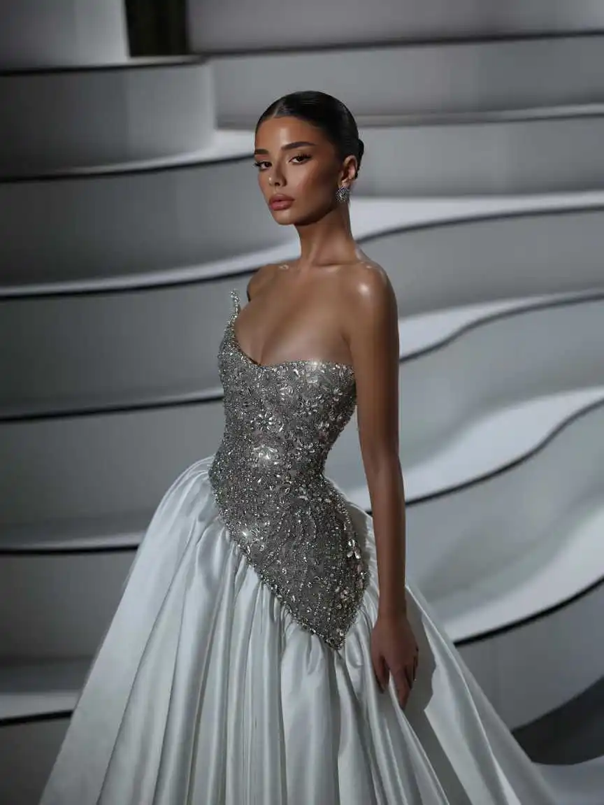 فساتين زفاف فاخرة بدون أكمام على شكل قلب مطرزة على شكل حرف A فستان العروس سويب تراين مخصص فيستدو دي نوفيا #3