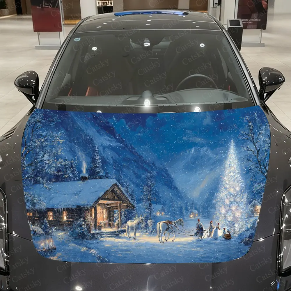 

Christmas Snow Township Car Vinyl Wrap, PVC Material Waterproof Car Hood Sticker, Self-Adhesive Scratch-Resistant Stickers for E