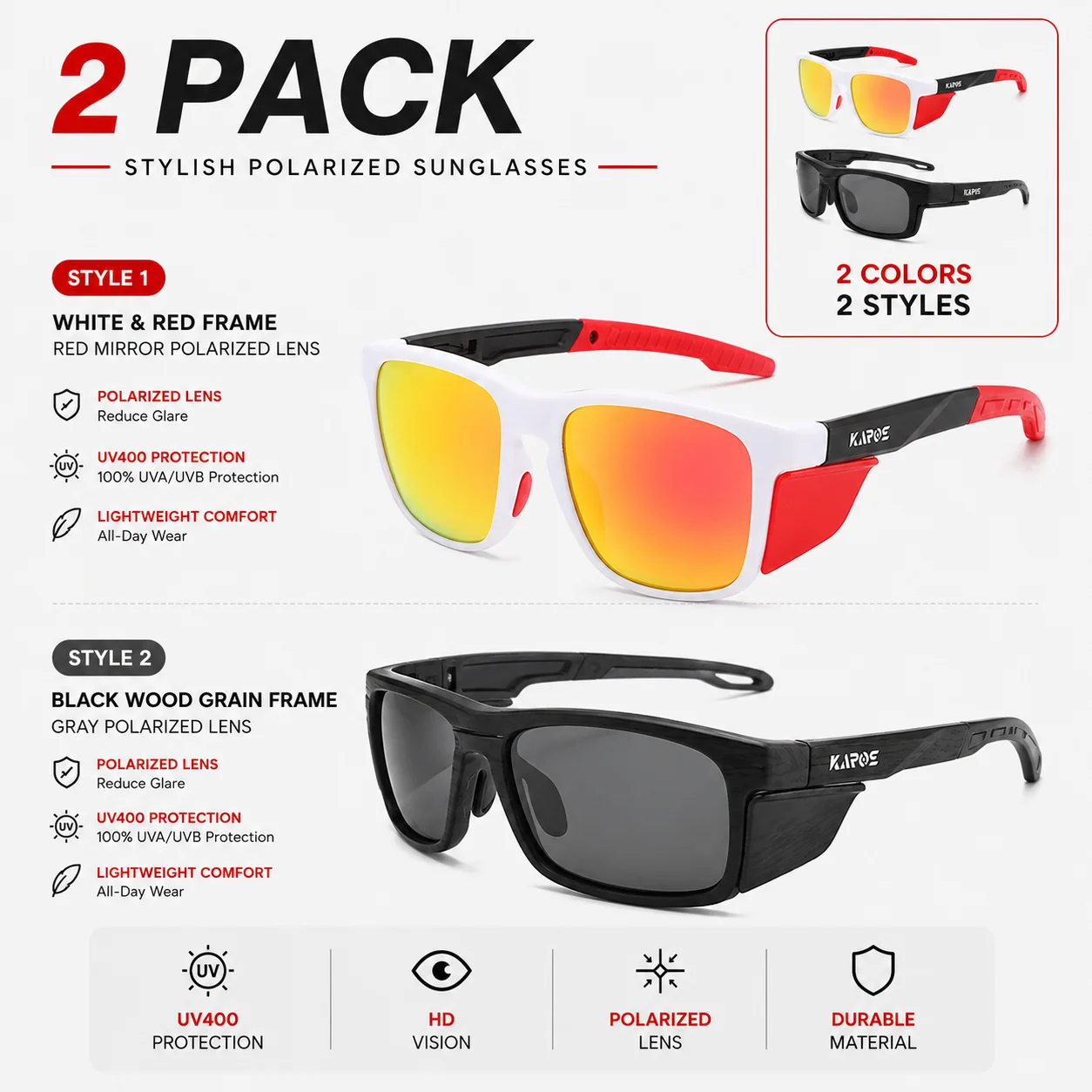 

2PCS COOLMEN Outdoor Fishing Polarized Sunglasses UV400 for Men Women Cycling Hiking Running Sports Anti Reflective Eyewear