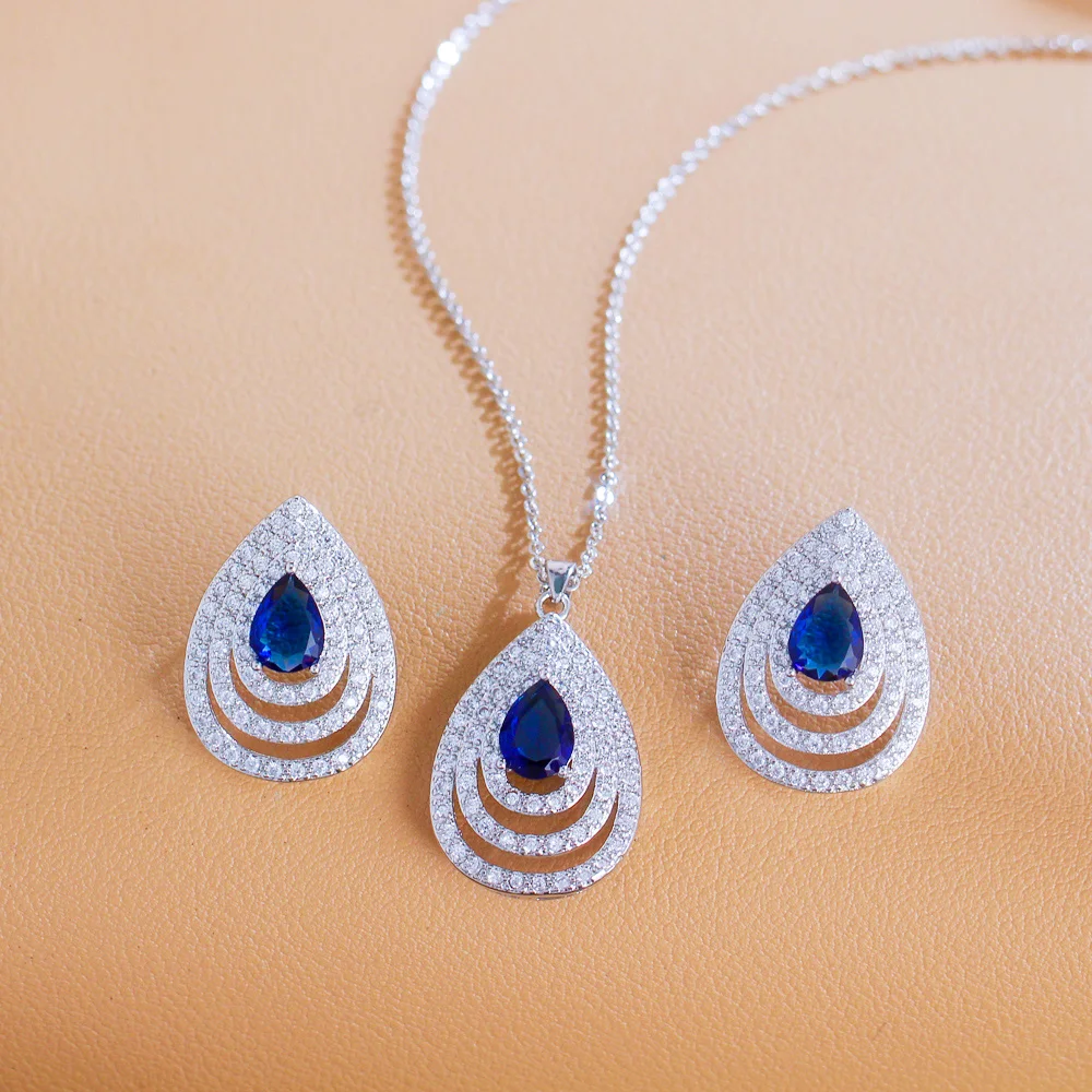 CWWZircons 2024 Newest Big Water Drop Blue CZ Earrings Necklace Micro Pave Cubic Zirconia Fashion Women Jewelry Sets T302