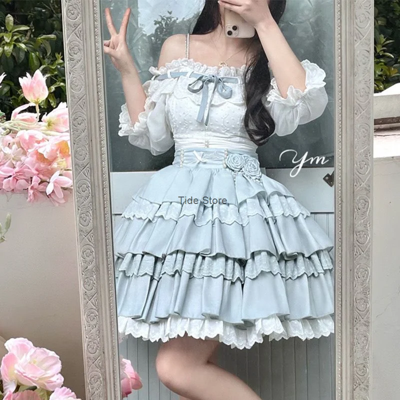 Verão Diário Bonito Lolita Split Vestido, Saia De Bolo SK De Três Camadas, Vestido Azul Kawaii, Bloomers, Nova Flor