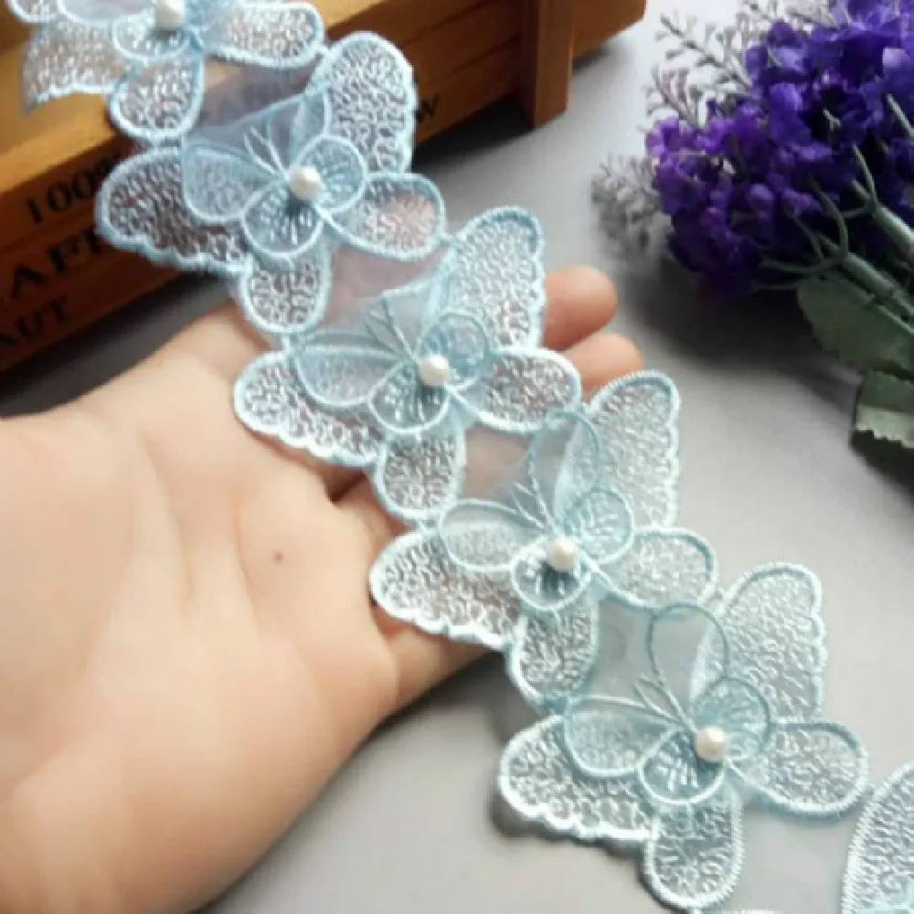 1 yard Blue Butterfly Bowknot Pearl Embroidered Lace Trim Fabric Lace Ribbon Handmade DIY Sewing Craft For Costume Decoration