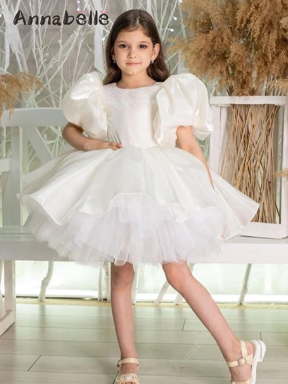 Annabelle Flower Girl Dress Yarn Bubble Sleeved lunghezza al ginocchio abiti gonfi per le donne Party Wedding Evening