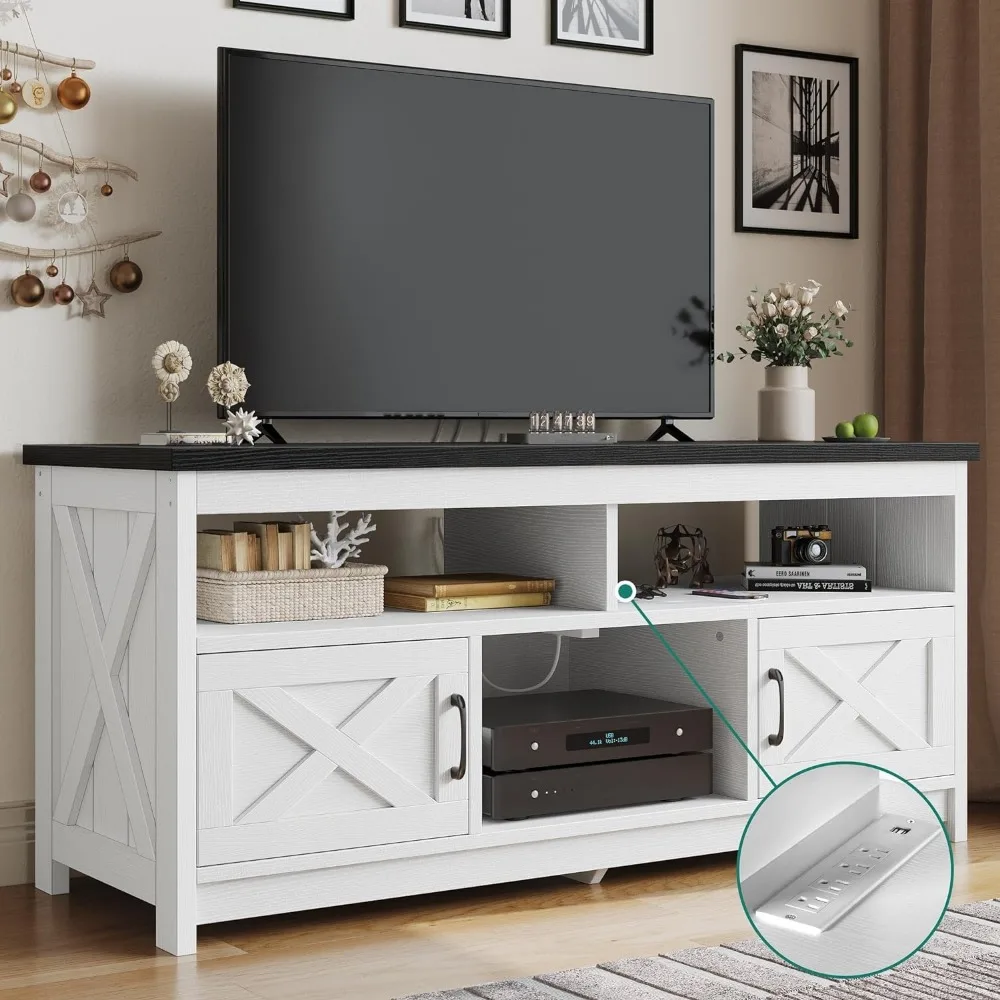 Farmhouse TV Stand for 65 inch with Power Outlet, Mid Century Modern Wood TV Table Media Console with Storage Cabinet