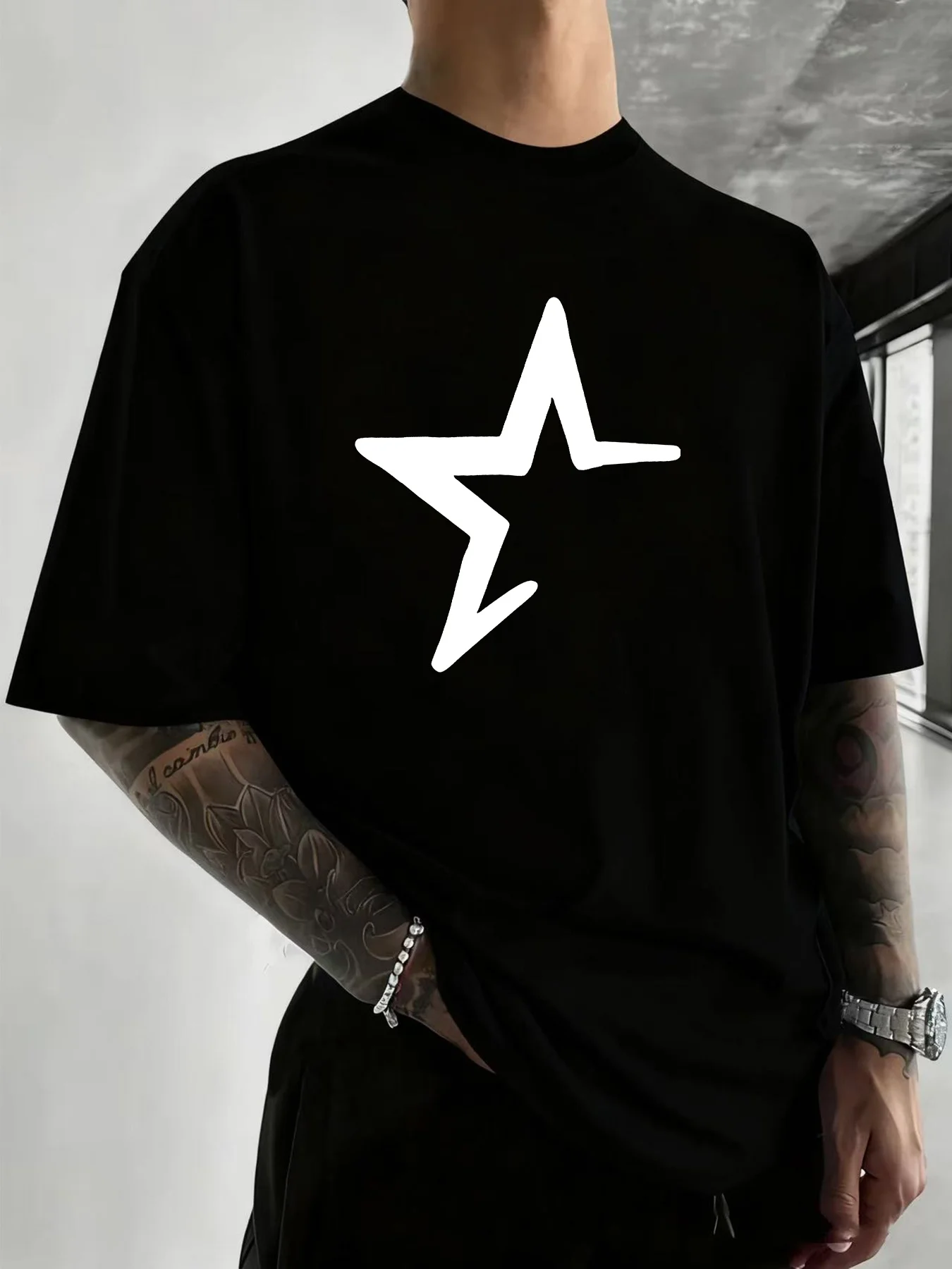 Men's Summer Fashion New Hand-painted Five-pointed Star Print T-shirt, Casual 100% Cotton Loose Y2K Short Sleeve