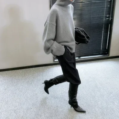 Otoño sólido gris caqui suéteres de punto para mujer prendas de punto de mujer suéter de manga larga con cuello alto jerseys de gran tamaño Top femenino