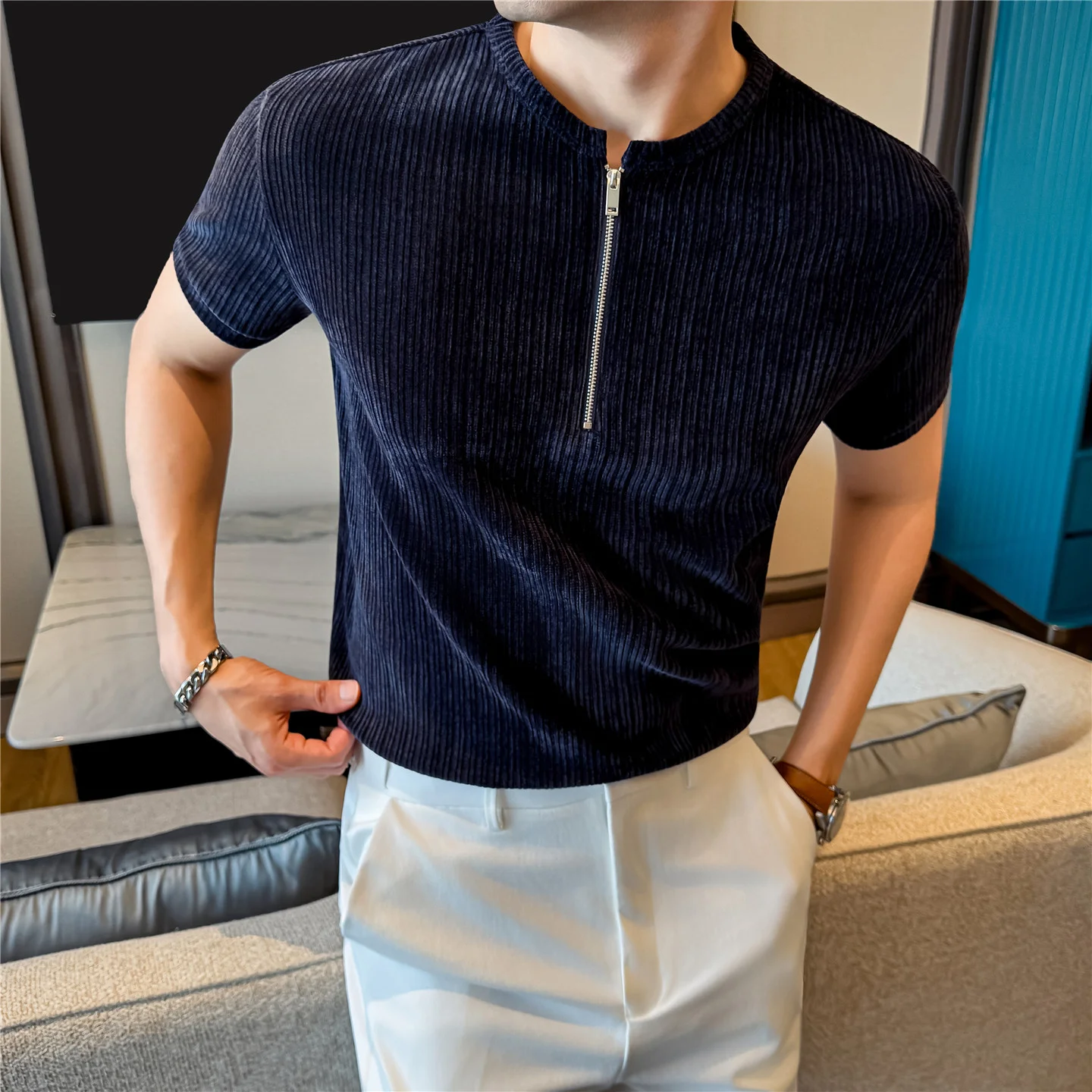 

Summer Half Zipper Design Stand Up Collar T-shirt Chenille Fabric Men Fashion Slim Fit Casual Short Sleeved Breathable T shirt