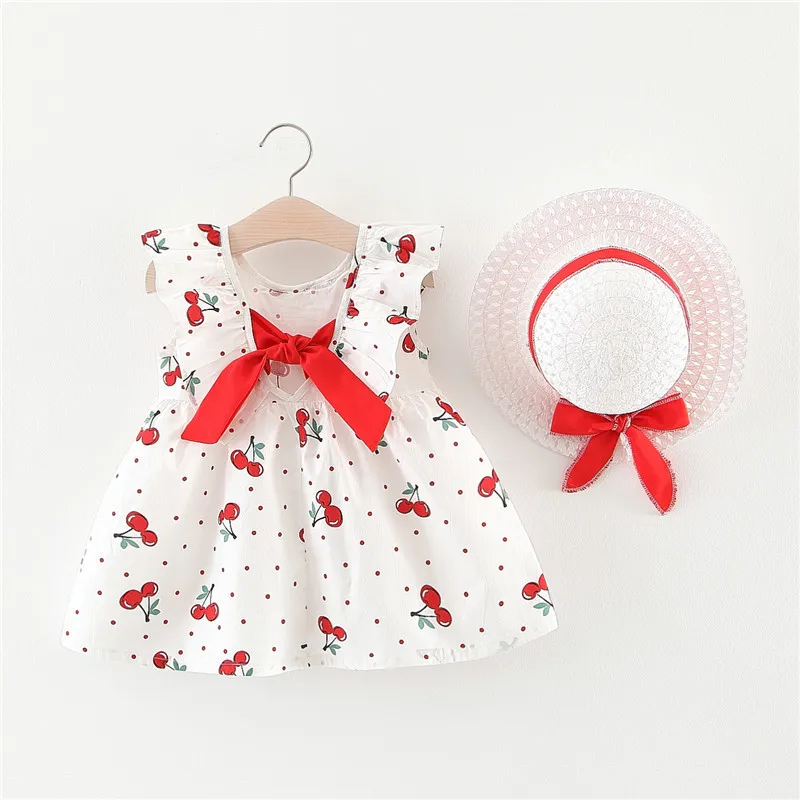 Summer 2-Piece Baby Dress+Sun Hat Bow Strap Floral Baby Girl Dress Soft And Comfortable Children\'S Clothing