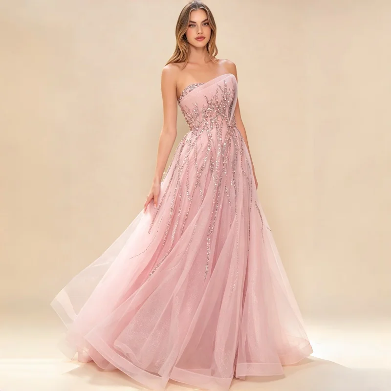 Strapless Sequin Beaded Prom Dress Draped Tulle Skirt Floor Length A Line Formal Evening Gown Wedding Guest Bridesmaid Party