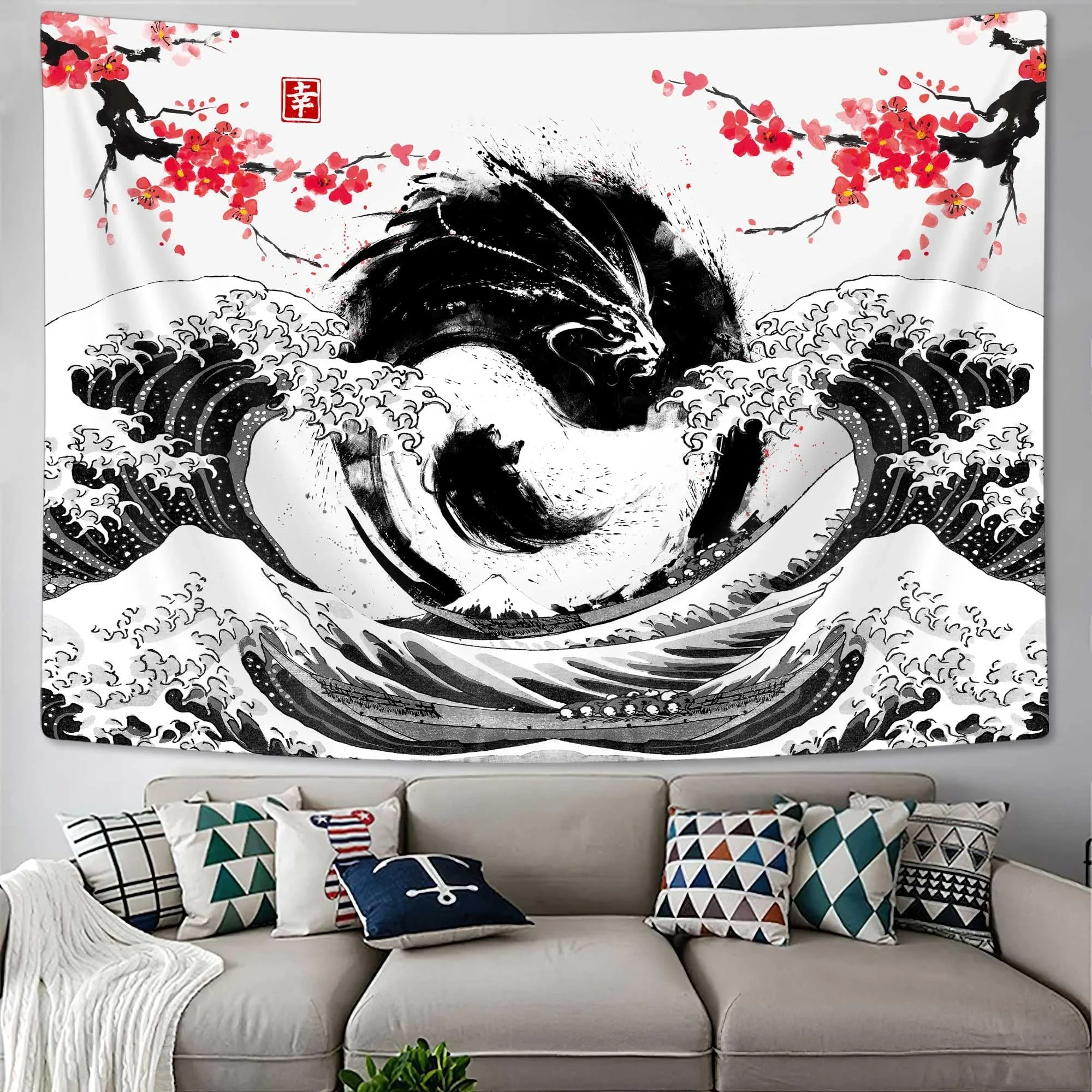 VIKAMA Yin-Yang Ink Dragon Pattern Ukiyo-e Tapestry Japanese-Style Tai Chi Waves Living Room Bedroom Wall Hanging Home Decor