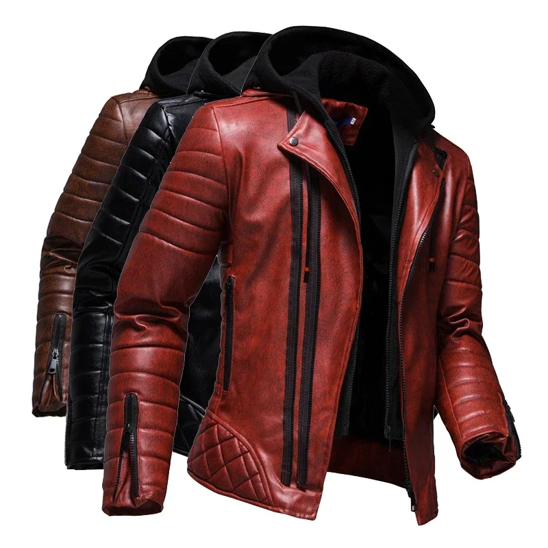 2022 Fashion Red Jacket Men \'s PU Leather Hooded Jacket Personality Motorcycle Jacket Large Size Fashion Men\' S Clothing