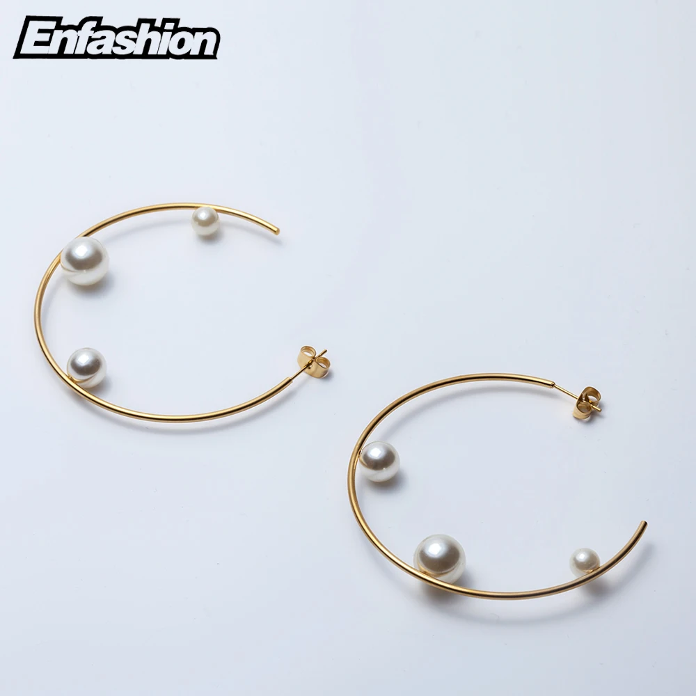 Enfashion Jewelry Geometric Pearl Line Hoop Earrings Gold color Stainless Steel Circle Earrings For Women Earings EEF1014