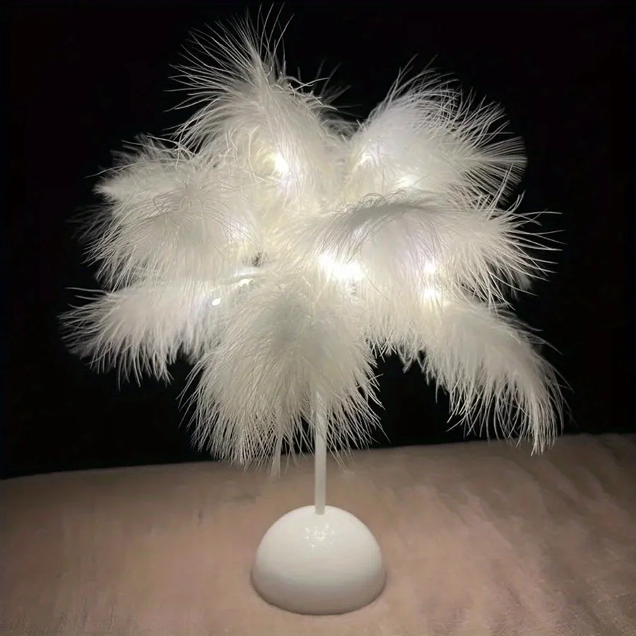 Lampada da tavolo creativa con piume Luce bianca calda Paralume con piume di albero Ragazza LED Luci decorative per matrimoni Regalo di compleanno Decorazioni per la casa