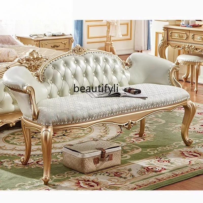 

B03 Solid wood bedside stool luxury leather French engraved gold pull button bedside sofa stool