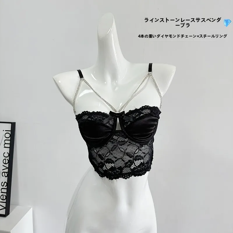 Sexy Lace Cross Back Vest Women's Inner Wear Short Length Unique Design Diamond Hollow out Base Tank Top by Zhi Che
